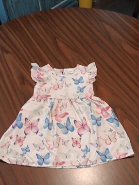 Girls White Butterfly Print Casual Dress - Pink & Blue